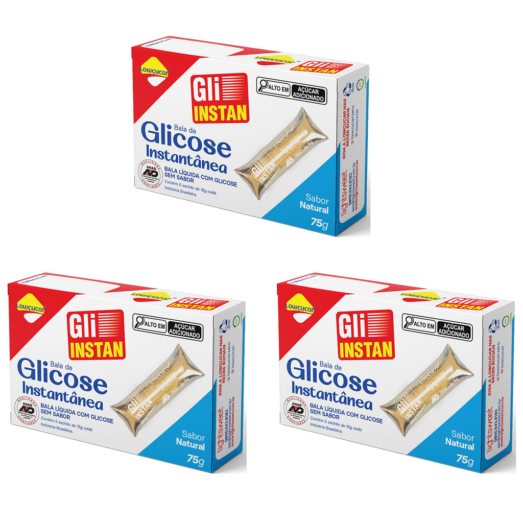 Kit 3 Unidades de Gli-Instan Lowçucar Sabor Natural Glicose Instantânea 5x15g