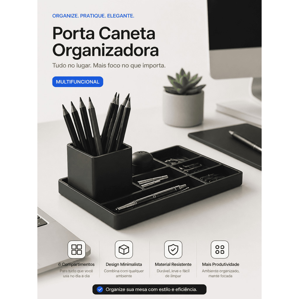Organizador Mesa Multifuncional Porta Caneta Lápis Chaves Controle Home Office Preto Branco Office