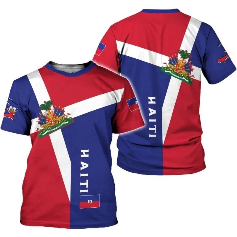 Camiseta masculina com impressão Digital 3D com padrão de emblema nacional da bandeira nacional do Haiti