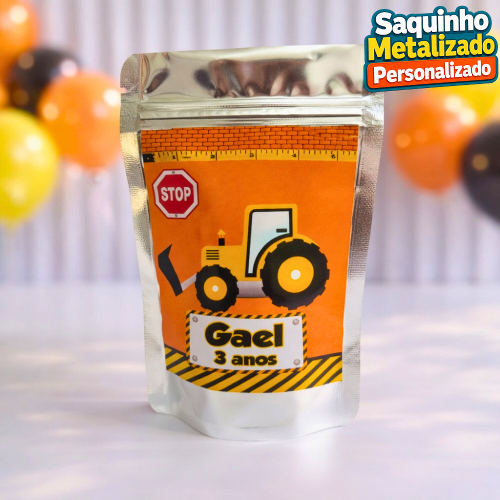 Saquinho Metalizado Construção Trator Personalizado / Lembrancinha de Festa /Aniversário
