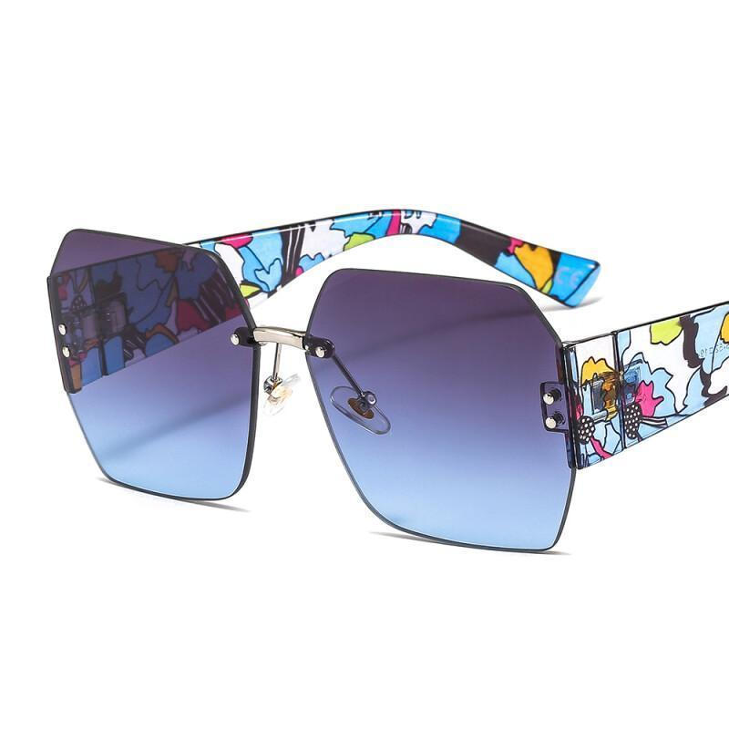 Óculos de Sol Femininos Sem Armação, Estilo Quadrado, Lentes com Padrão Floral, Óculos Vintage com Proteção UV400