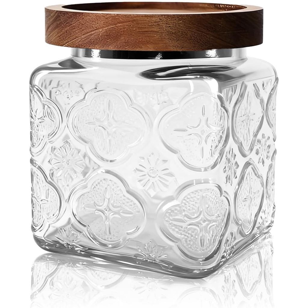 Pote de Vidro Vintage com Tampa de Madeira - Recipiente Pequeno Hermético de 16 OZ para Despensa de Cozinha e Banheiro, 