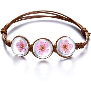 RINHOO Pulseira de Corda Ajustável com Flores Secas Prensadas à Mão, Flor de Cerejeira, Pedra Preciosa e Tampa de Vidro,