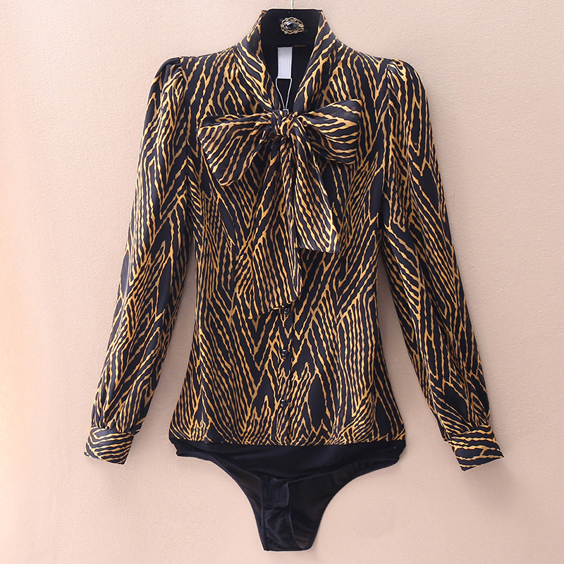 Lindo atraente dinâmico impresso Bowknot camisa feminina 2023 primavera outono Chiffon de manga comprida moda de uma peç