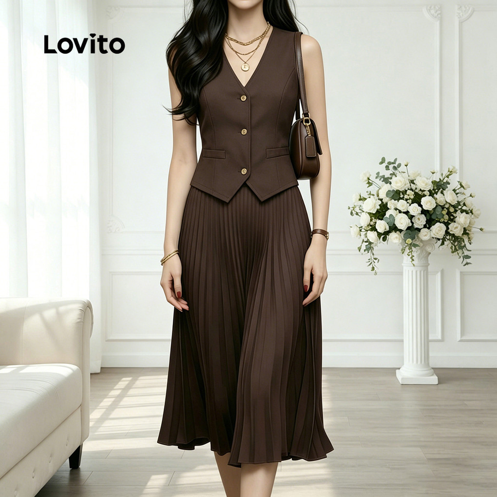 Lovito Elegante Tops ou saia plissadas primavera/verão saia marrom tops ou saia para mulheres LK3ED1503 · foto 2