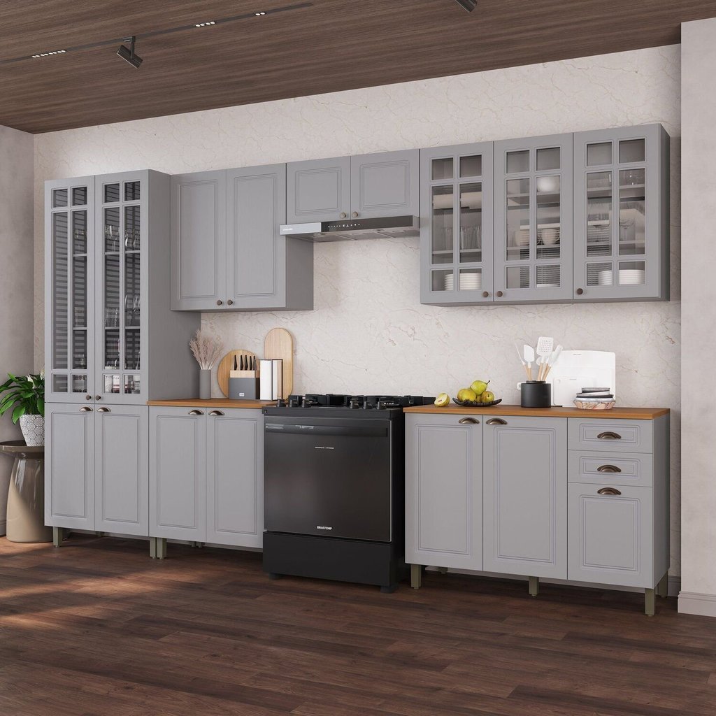 Cozinha Modulada 6 Peças 1 Cristaleira 2 Balcão com Tampo 3 Aéreos 100% MDF com Vidro Bari Cinza/Titânio Fosco
