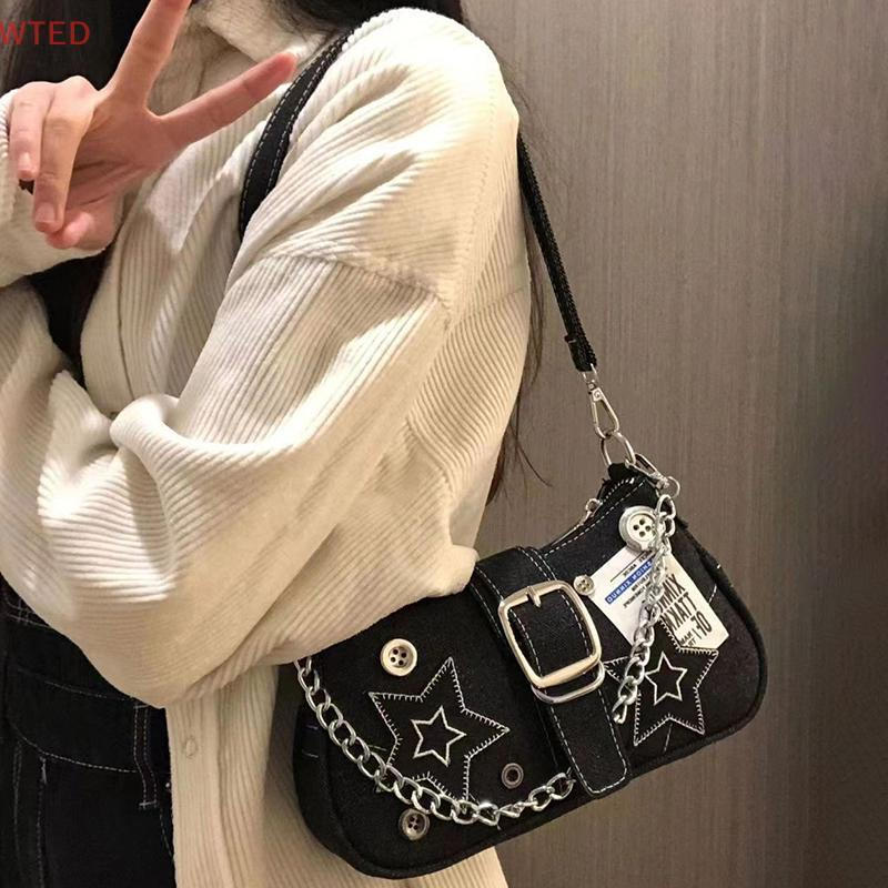 (WTED) Moda Feminina Bolsas Jeans Estrelas Padrão Legal Meninas Y2K Axilas Bolsa De Lona Pequena Ombro Corrente Sacola