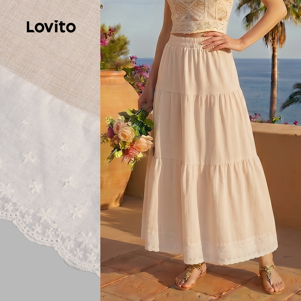 Lovito Saia Longa Casual De Linho Com Bordado Camadas De Renda Cor Damasco Ideal Para Primavera/verão LBL32087