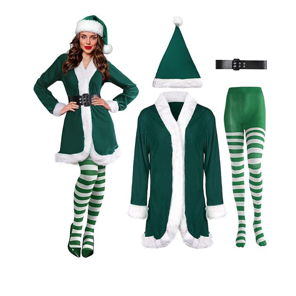 Natal Papai Noel Traje Feminino Elfo Verde Cosplay Menina Carnaval Festa De Ano Novo Vestido Extravagante Conjunto De Ro