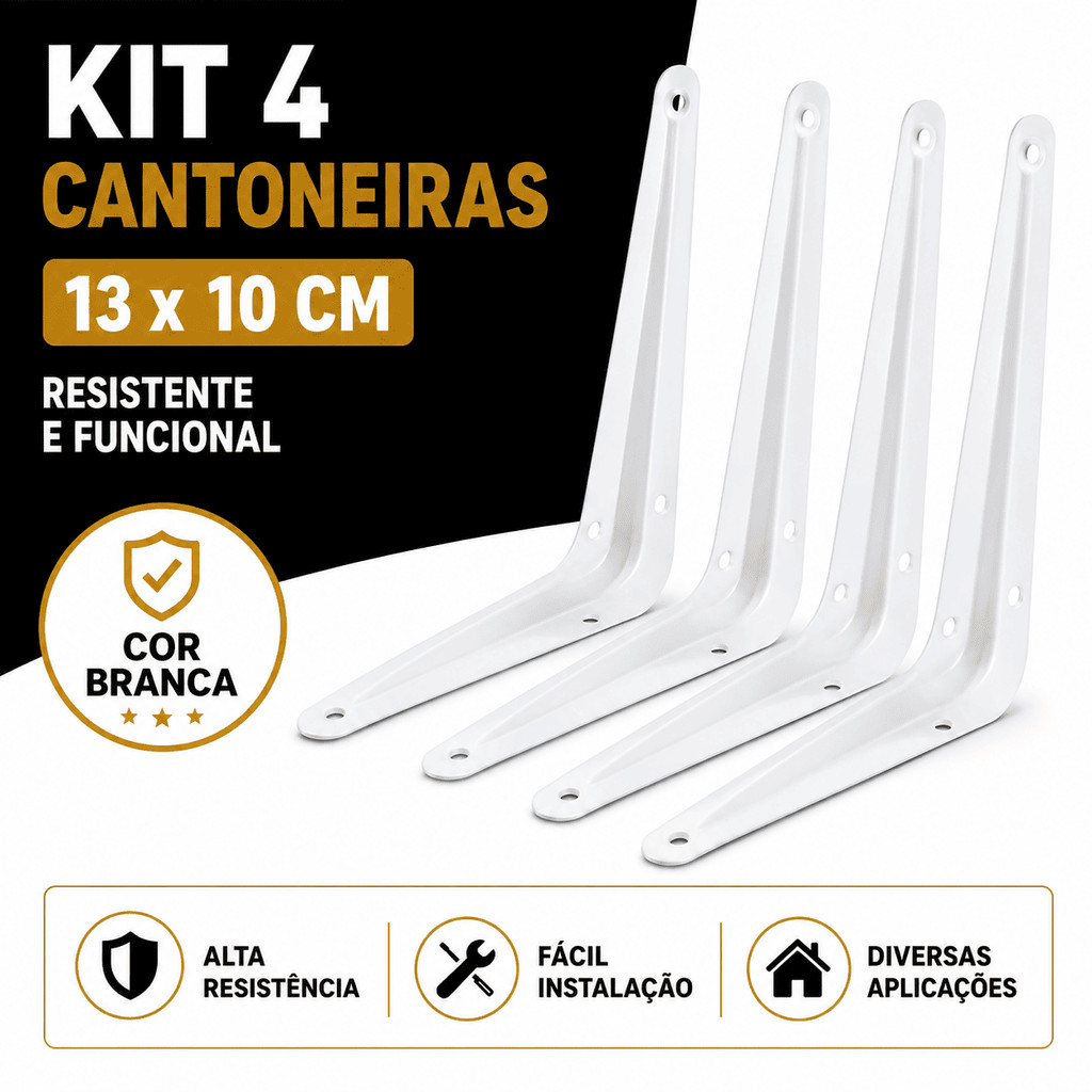 Kit 4 Cantoneira de Metal 13x10cm EM L Branco Suporte Para Prateleira Madeira Parede Casa Decoração Mão Francesa