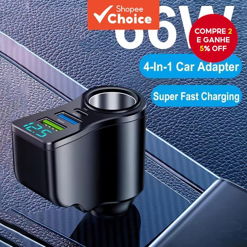  4 Portas Adaptador de Energia Multiuso para Isqueiro de Carro 3.1A Duplo USB PD Carregador Rápido de Telefone para