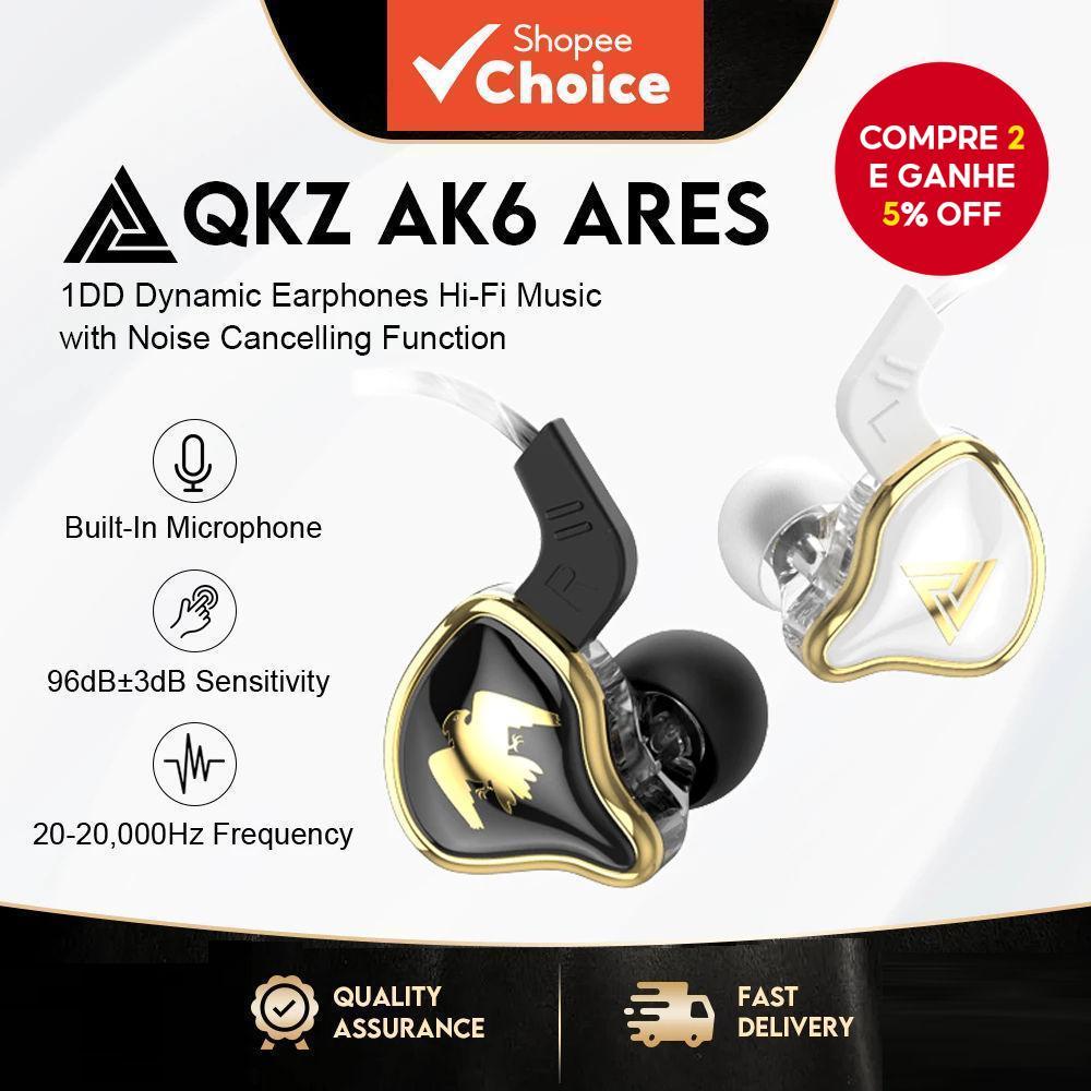 Fones de Ouvido QKZ AK6 Ares, Drivers Dinâmicos HiFi para Música com Fio, Headset com Microfone, Cancelamento de Ruído,