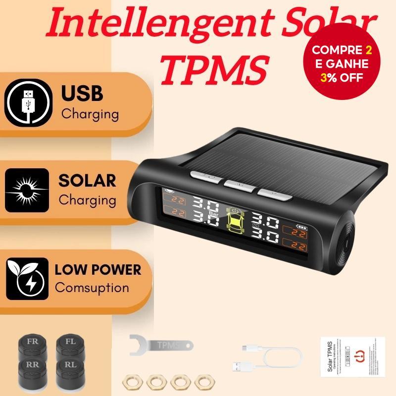  Sistema de Monitoramento de Pressão de Pneus para Carro TPMS Solar Sem Fio com 4 Sensores Externos LCD