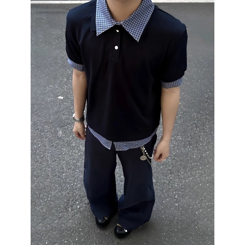 Azul marinho falso de duas peças de manga curta masculina verão Street Wear camisa costura camiseta pesado estilo americ