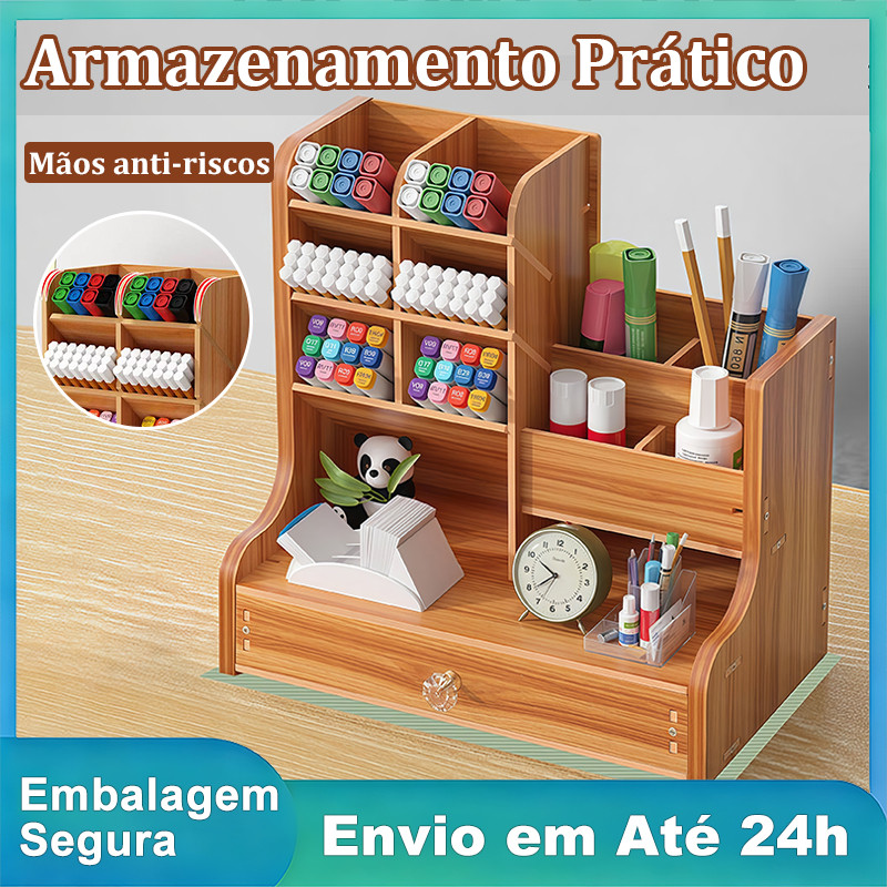 Organizador De Mesa Multiuso Extra Grande Com Gaveta, Porta Canetas e Nichos