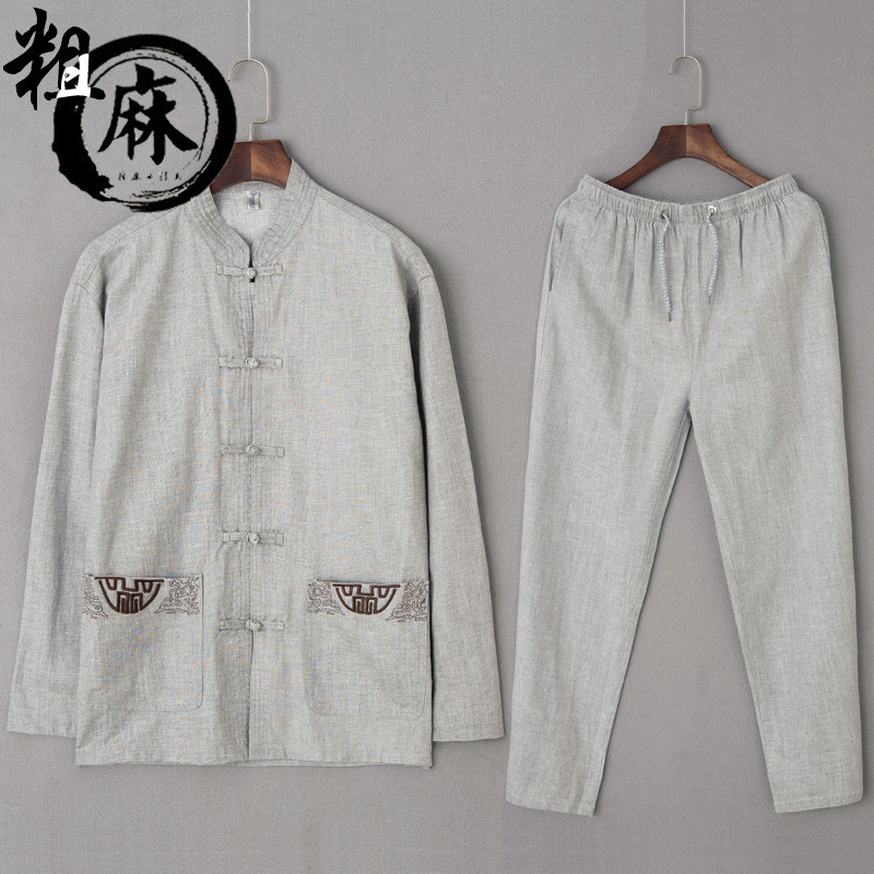 Roupas masculinas estilo chinês 2025 roupas de verão linho de manga comprida Tang terno masculino de meia-idade idosos H