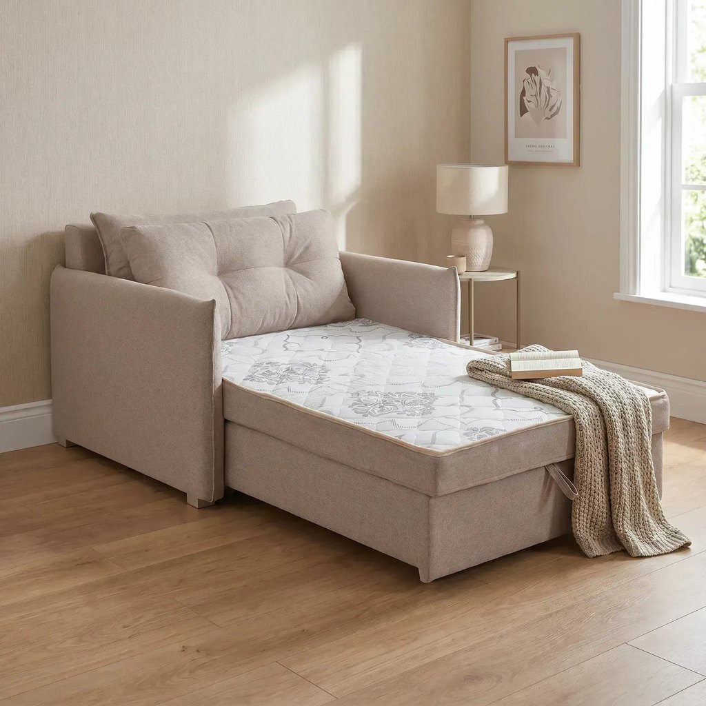 Sofá Cama Solteiro Linho Cinza Montreal 95cm  Champanhe Claro
