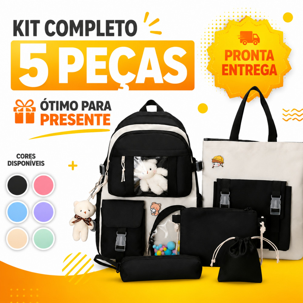 Mochila Kawaii Escolar Kit 5 Peças Completa | Bolsa Tote + Estojo + Necessaire | Presente Ideal
