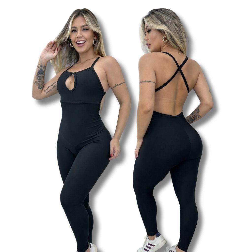 Macacão de Academia Feminino Longo Preto Fitness Cruzado nas Costas