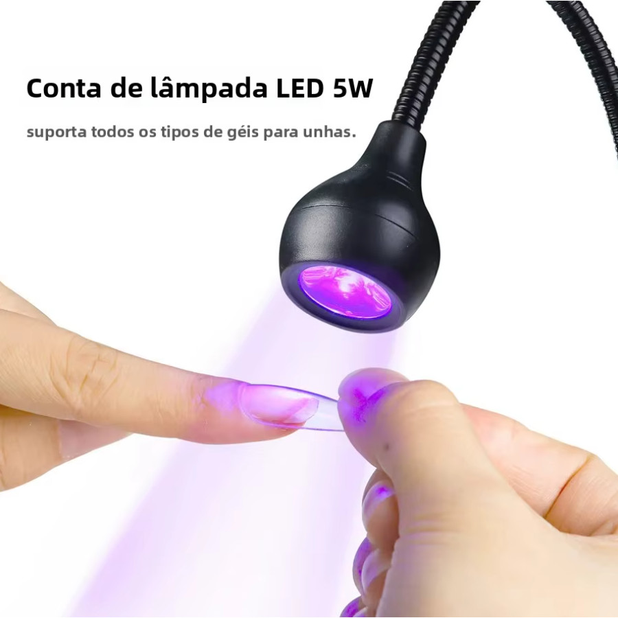 Lâmpada de cura de unhas em gel UV de 5 W, luz UV LED com clipe e tubo flexível, secador de unhas para esmalte em gel