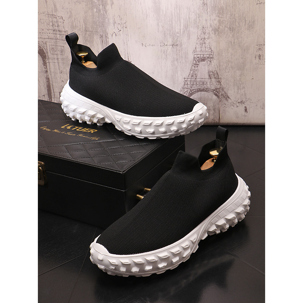 Sapatos masculinos respirável na moda voando tecido malha sapatos masculinos sapatos casuais de sola grossa capa pé pneu