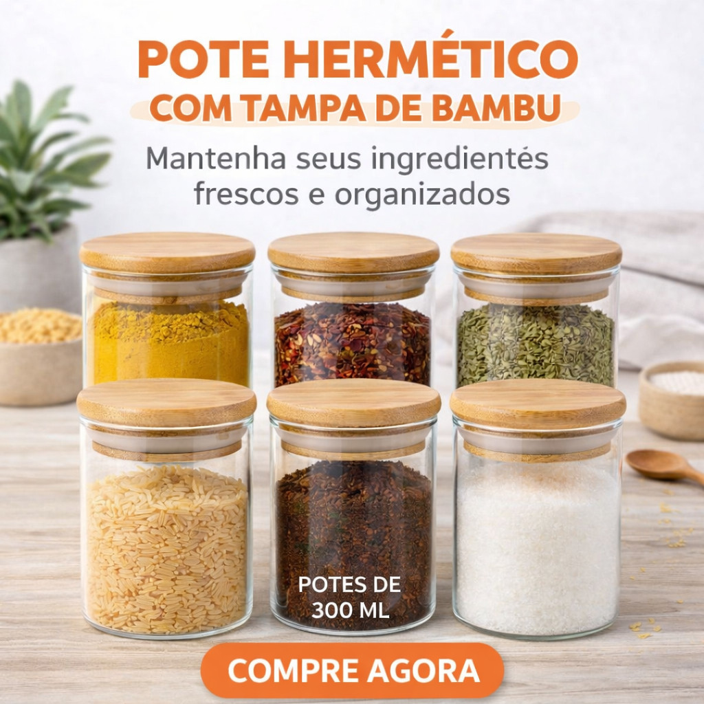 Kit 6 Pote De Vidro Mantimentos 300ml Alta Vedação Cozinha Organização Tampa de Bambu Dupla Vedação