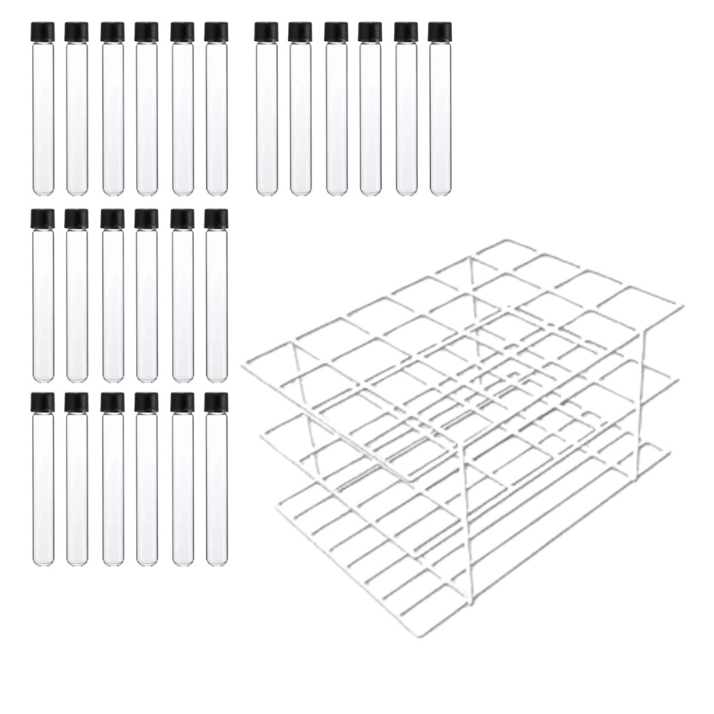 Kit 24 Tubo de Ensaio Vidro 20x150mm com Estante Para 24 Tubos para Laboratório