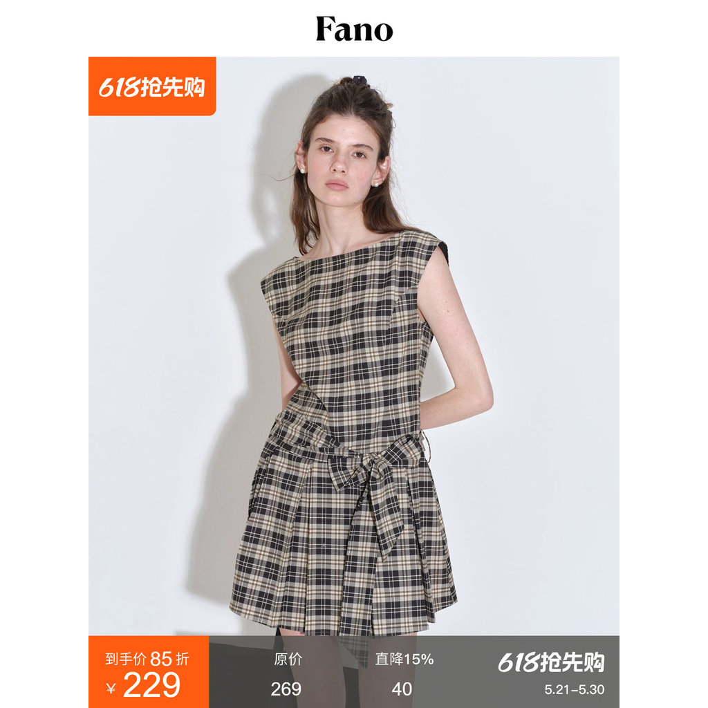 Fano Fano Design Sense Boat Neck Retro Estilo Xadrez Cinto Largo Vestido Curto Feminino Verão High-End Sense