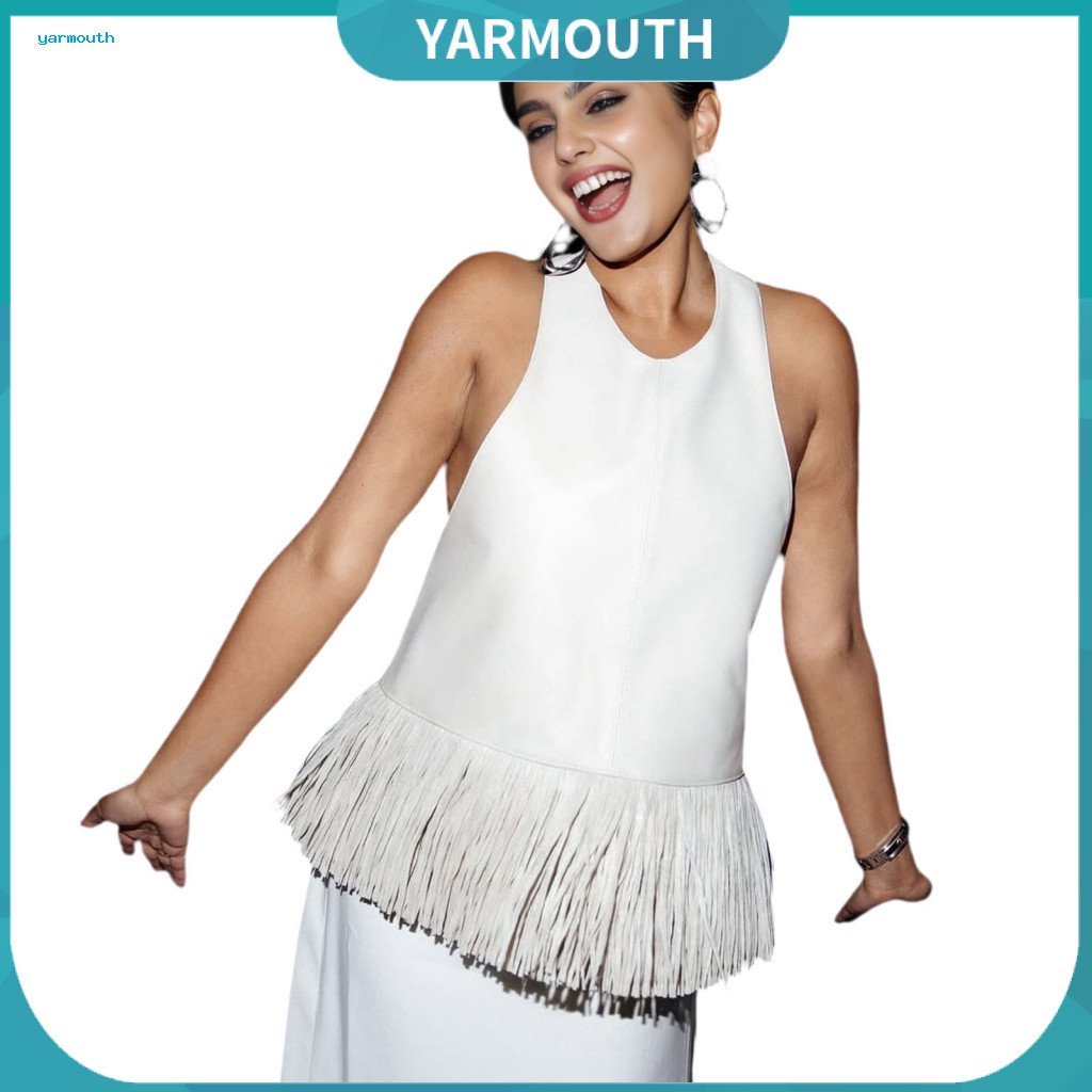 Polyester Tank Top for Women Vest Women’s Fringe Faux Leather Halter Backless Tassel Crop Sexy Clubwear Rave Party Out