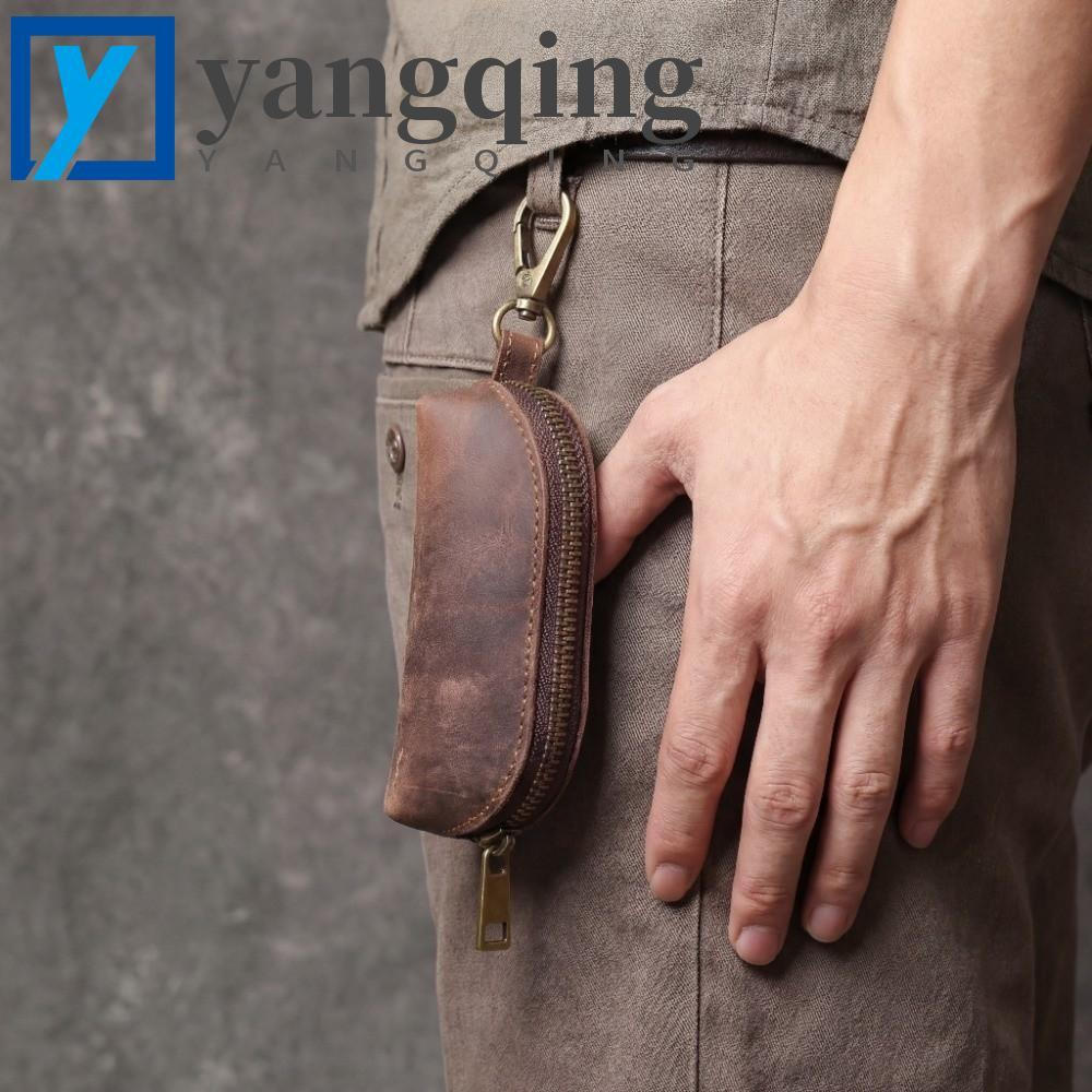YANGQING Mini Bolsa De Moedas De Couro , Chaveiro Masculina De Cor Sólida De Grande Capacidade , Clássica