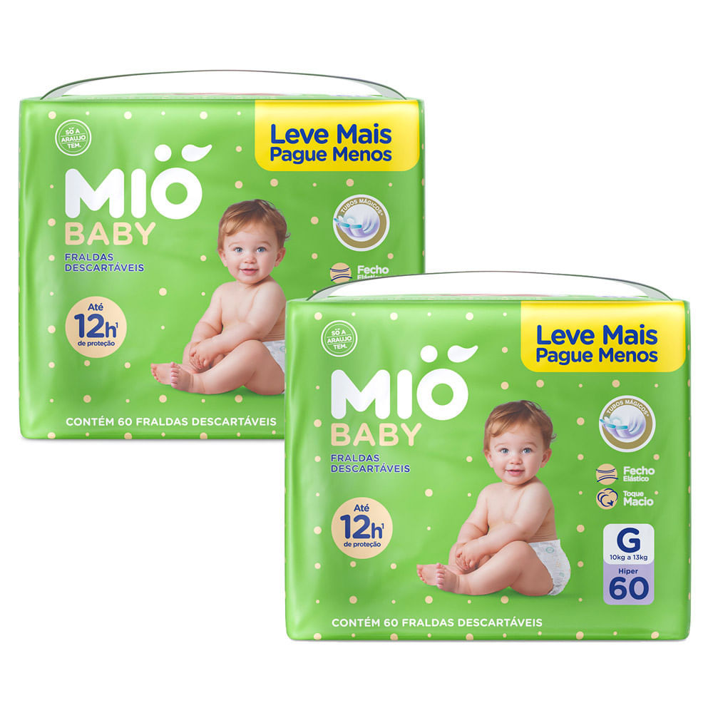 Kit 2 Fralda Mió Baby Tamanho G Hiper 60 Unidades Descartáveis
