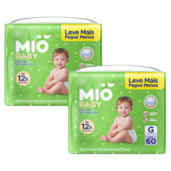 Kit 2 Fralda Mió Baby Tamanho G Hiper 60 Unidades Descartáveis