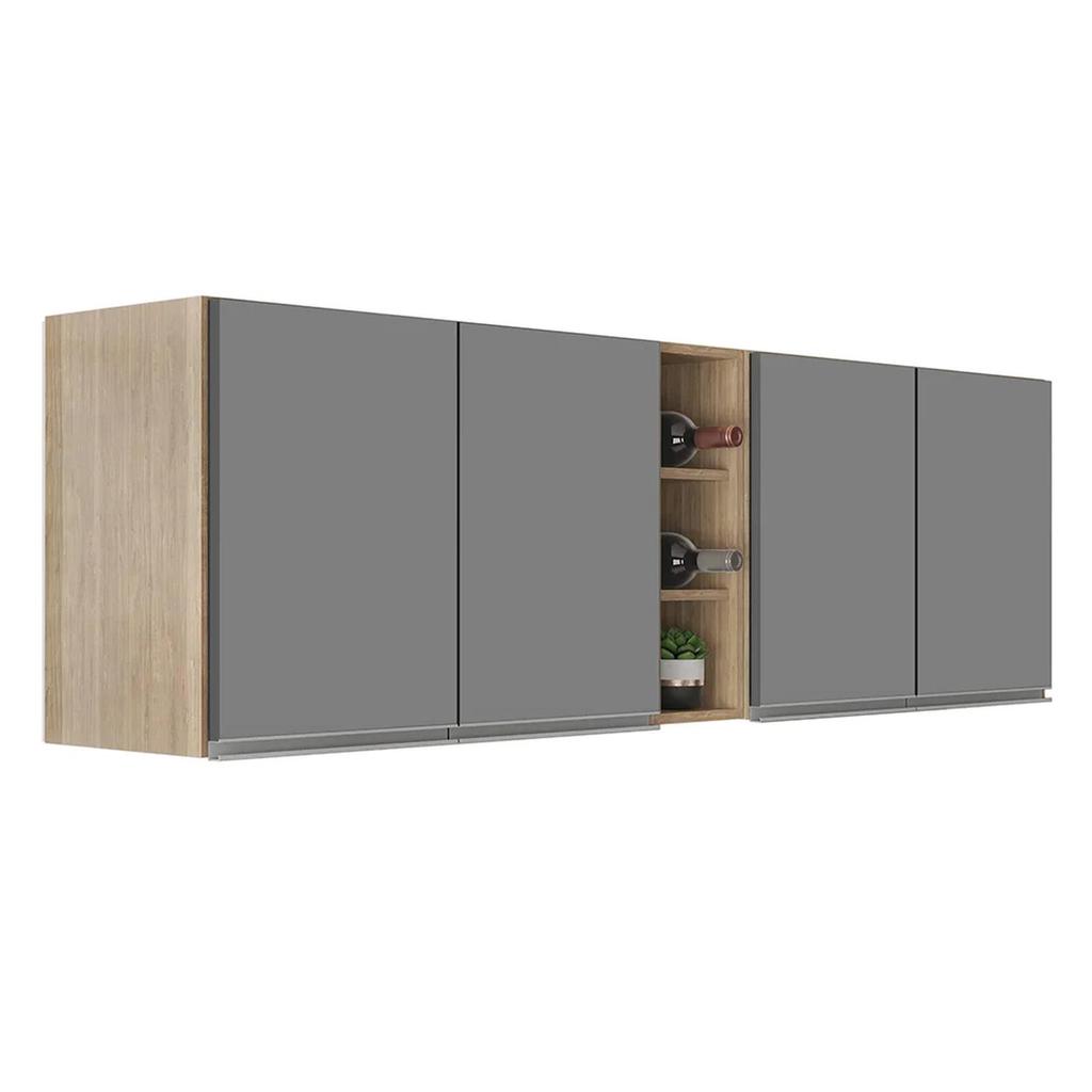 Armário de Cozinha Aéreo Califórnia Kit 2 e Nicho Adega Riad 180cm Castanho/Cinza - Lumil