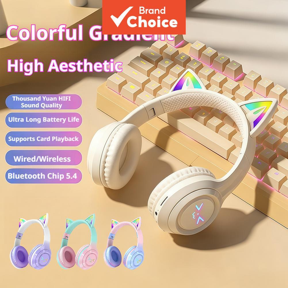 SPRISE BT718 Fones de Ouvido: Fones de ouvido Bluetooth sem fio, estilo orelha de gato, sobre a orelha, com luz RGB, som