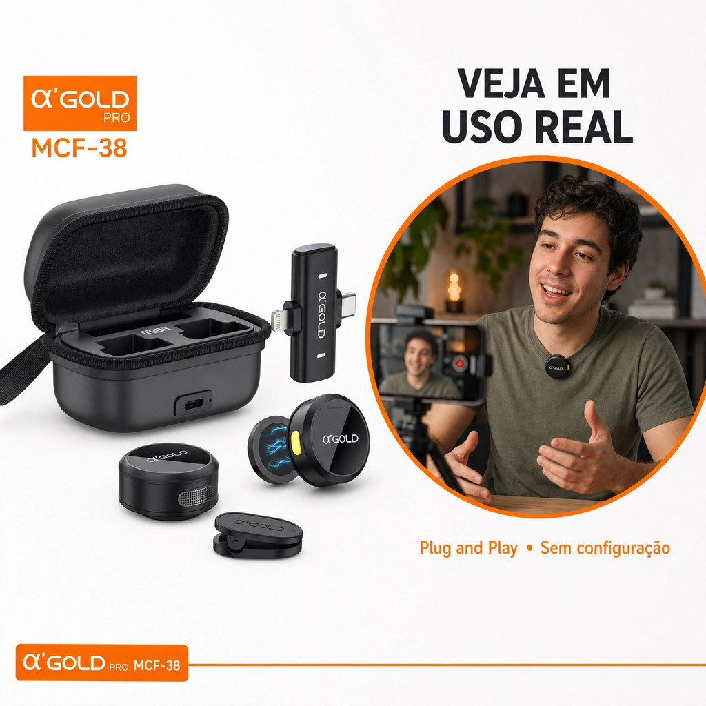 Microfone de Lapela Sem fio Magnético 2 EM 1 Type C e Lightning Agold MCF-38