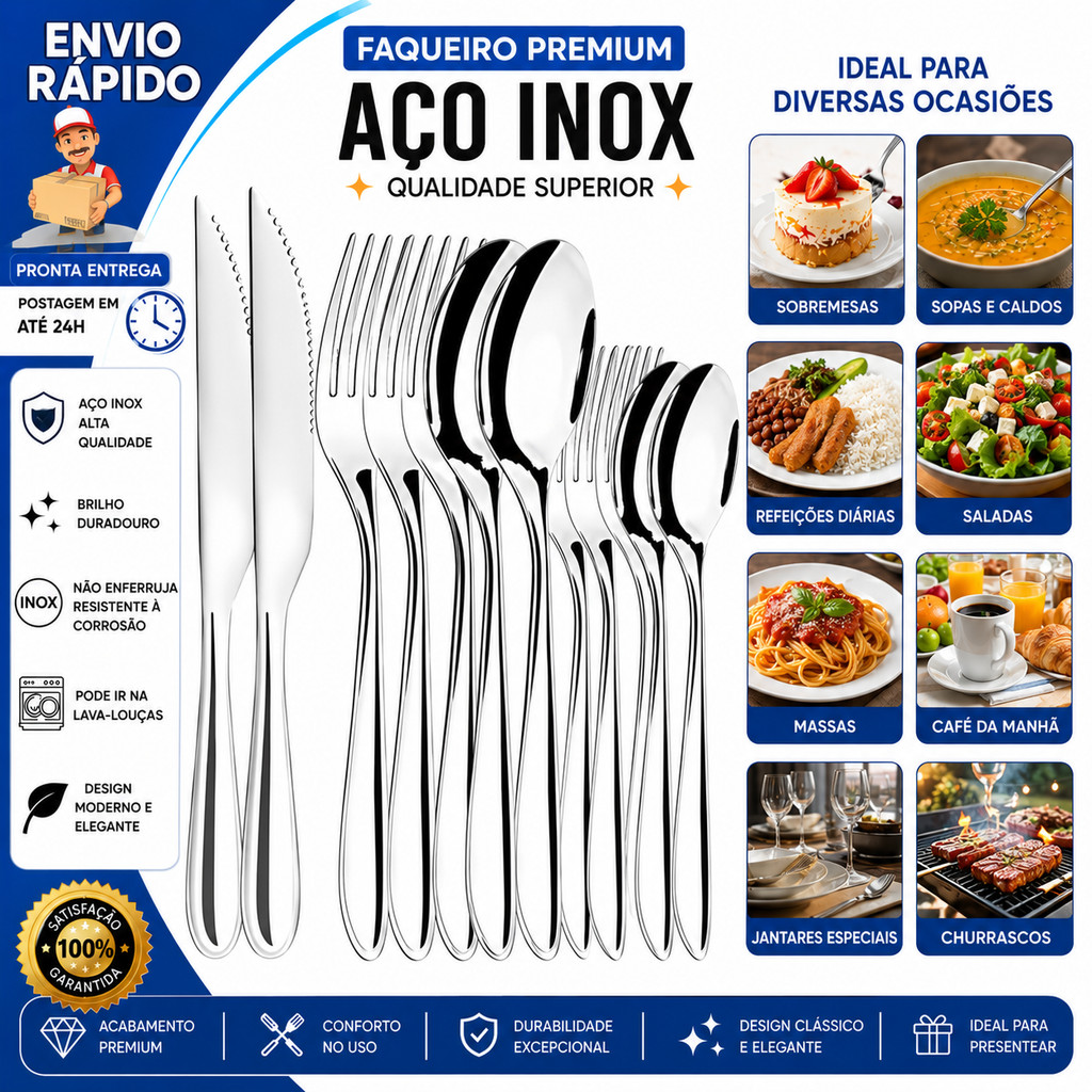 Kit 60 Talheres em Inox Premium Jogo Completo 12 Garfo 12 Faca 12 Colher 12 Colher de Sobremesa 12 Garfo de Sobremesa