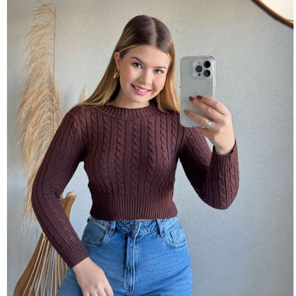 Blusa Tricot Modal Feminina ALICE Cropped Trança Tricô Manga Longa