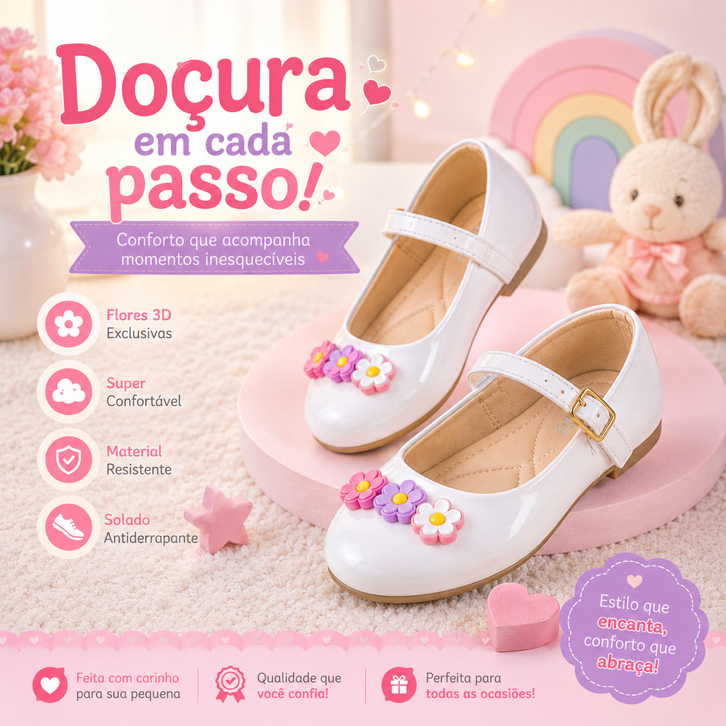 Sapatilha Infantil Menina Boneca Verniz Ajustável e Confortável Festa Escolar Clássica Daminha Honra