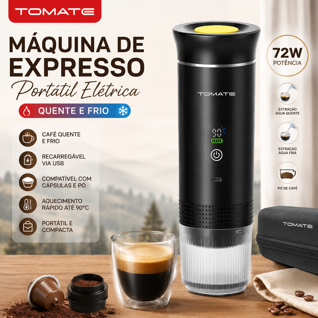 Máquina de Café Portátil TOMATE USB | Expresso Quente e Frio Compatível com Cápsulas e Café em Pó