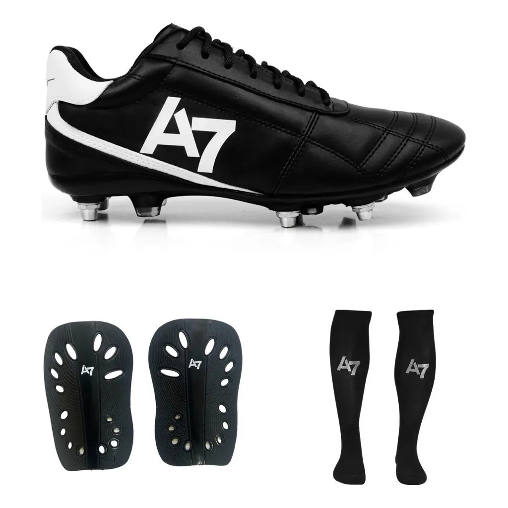 Kit Chuteira Campo Trava Mista Alumínio Botinha + Meião + Caneleira Futebol Profissional A7 Premier