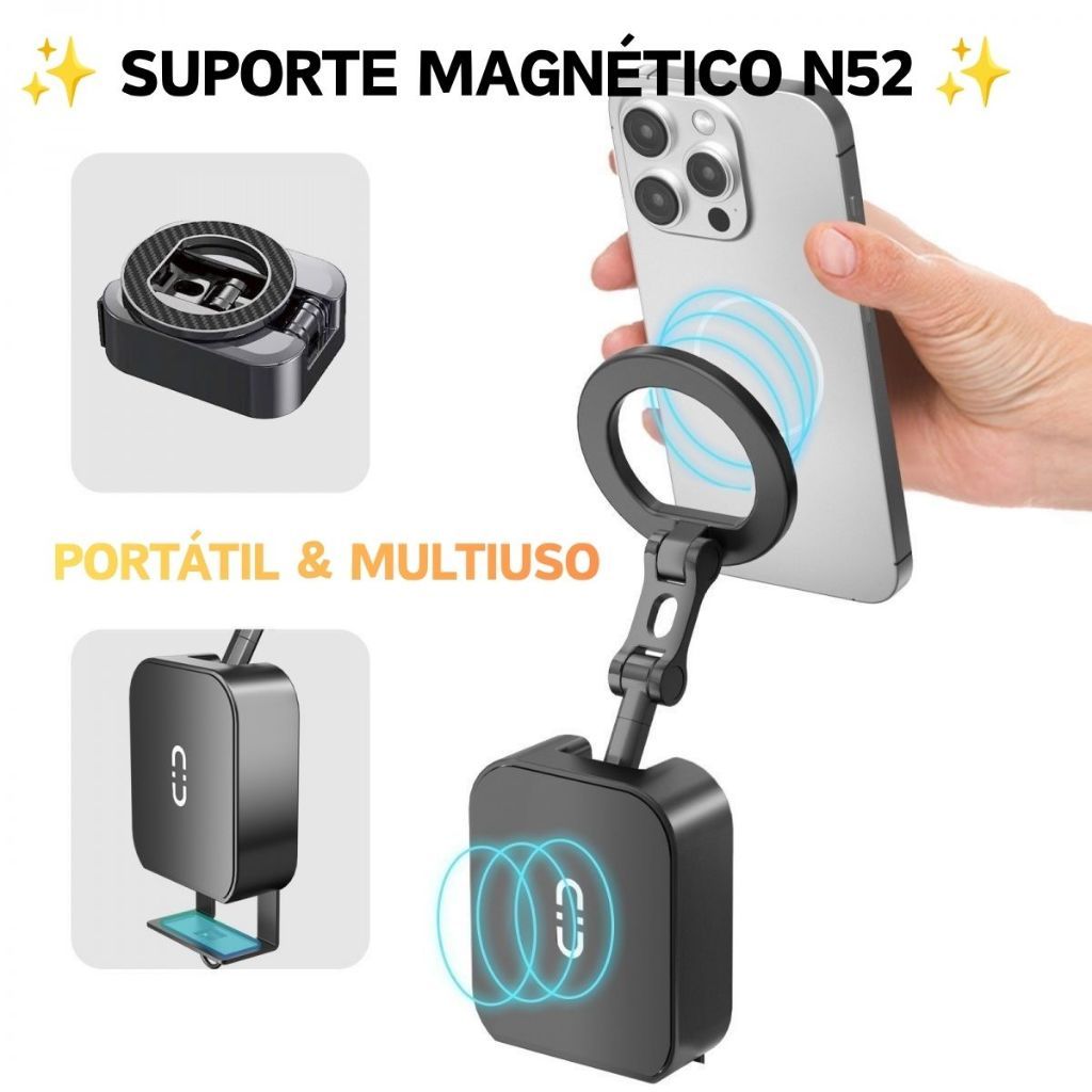 Suporte Magnético Duplo N52 MagSafe ideal para celular e tablet, uso em avião, carro, mesa e viagens
