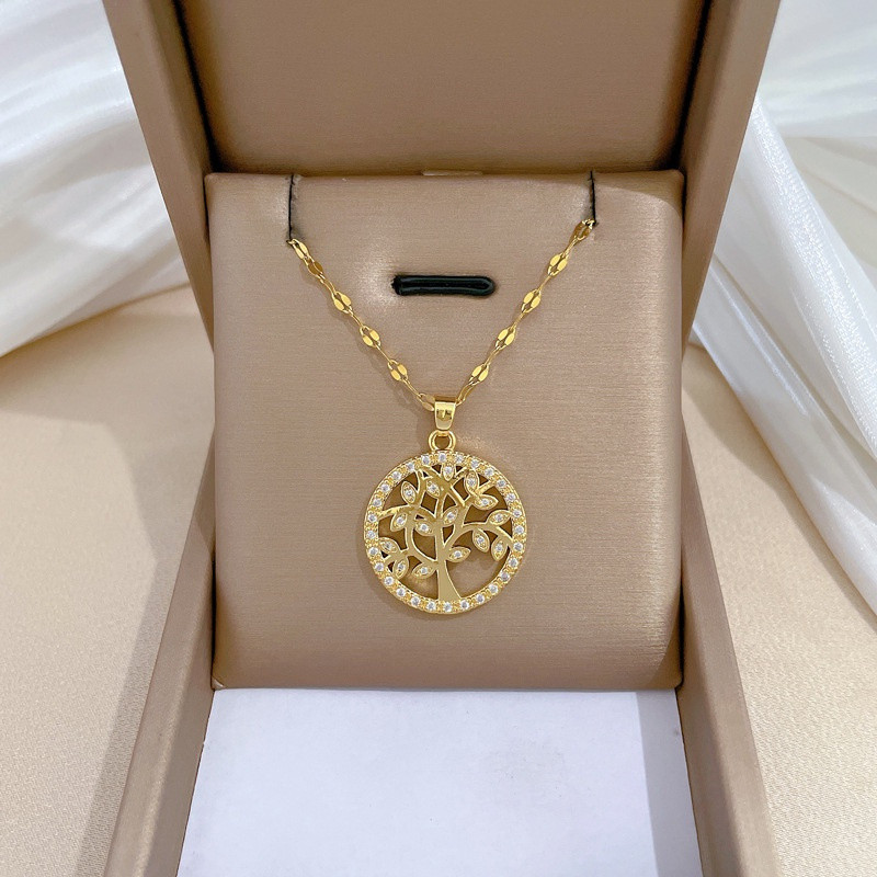 Colar Luxuoso Árvore da Vida com Zircônia, Estilo Feminino, Grande Pingente de Aço Inoxidável, Joia, Acessório da Sorte,