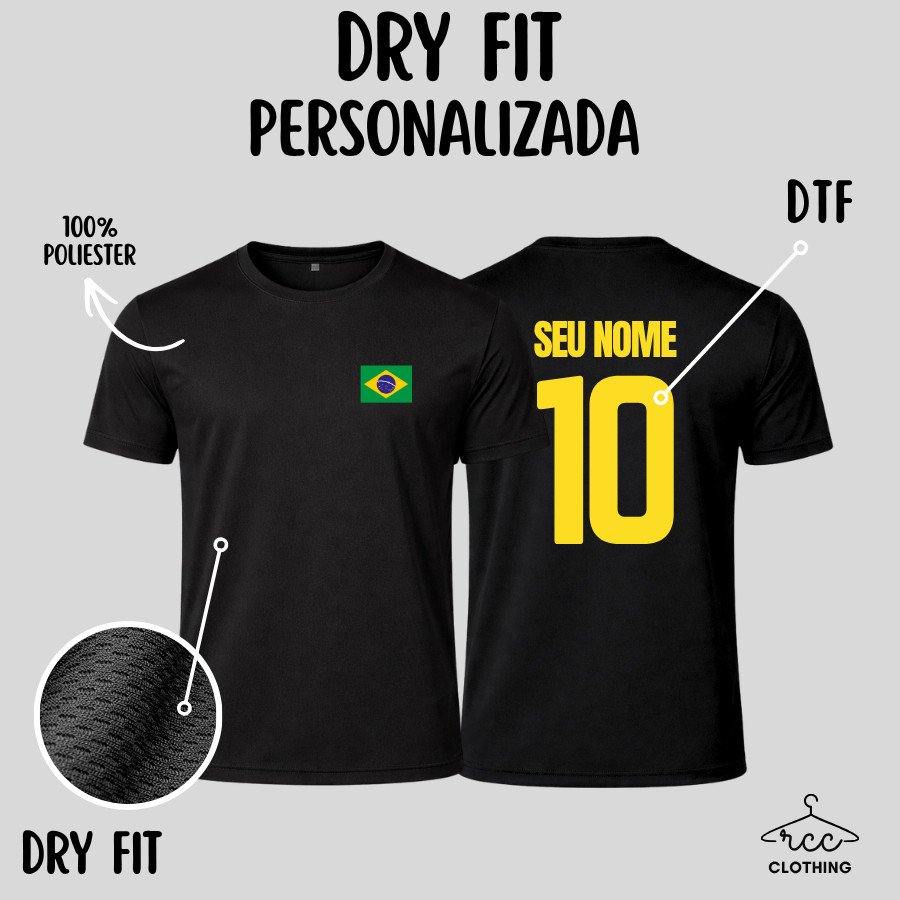 Camiseta Preta Do Brasil Dry Fit Unissex Estampa Personalizada Malha Poliéster Confortável Plus Sise