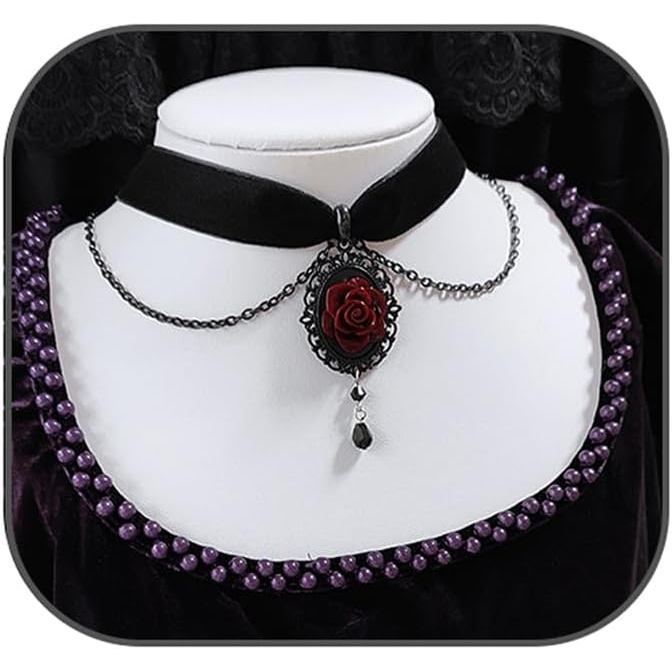 Rrdaily Colar Choker com Pingente de Camafeu Rosa Preta, Colar Choker Gótico de Veludo, Colares Vintage com Pingente de 