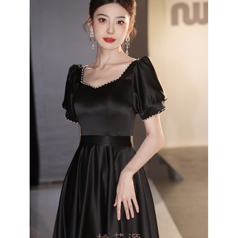 Francês Retro preto quadrado pescoço vestido de cetim feminino longo outono inverno novo estilo elegante nobre vestido d