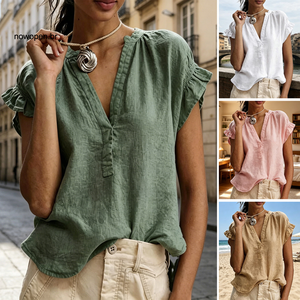 Plus Size Women Top Shirt Women’s V Neck Short Sleeve Loose Fit Pullover Solid Color Summer Blouse for Wear Lightweigh
