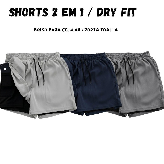 Shorts Masculino 2 em 1 Compressão Bolso Celular Porta Toalha Bermuda Esportiva Academia Bermuda