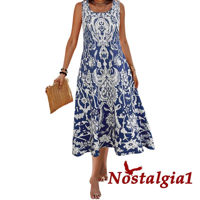 NIT-Tank Vestido Longo Feminino Verão Elegante Estampa Floral Sem Mangas Evasê