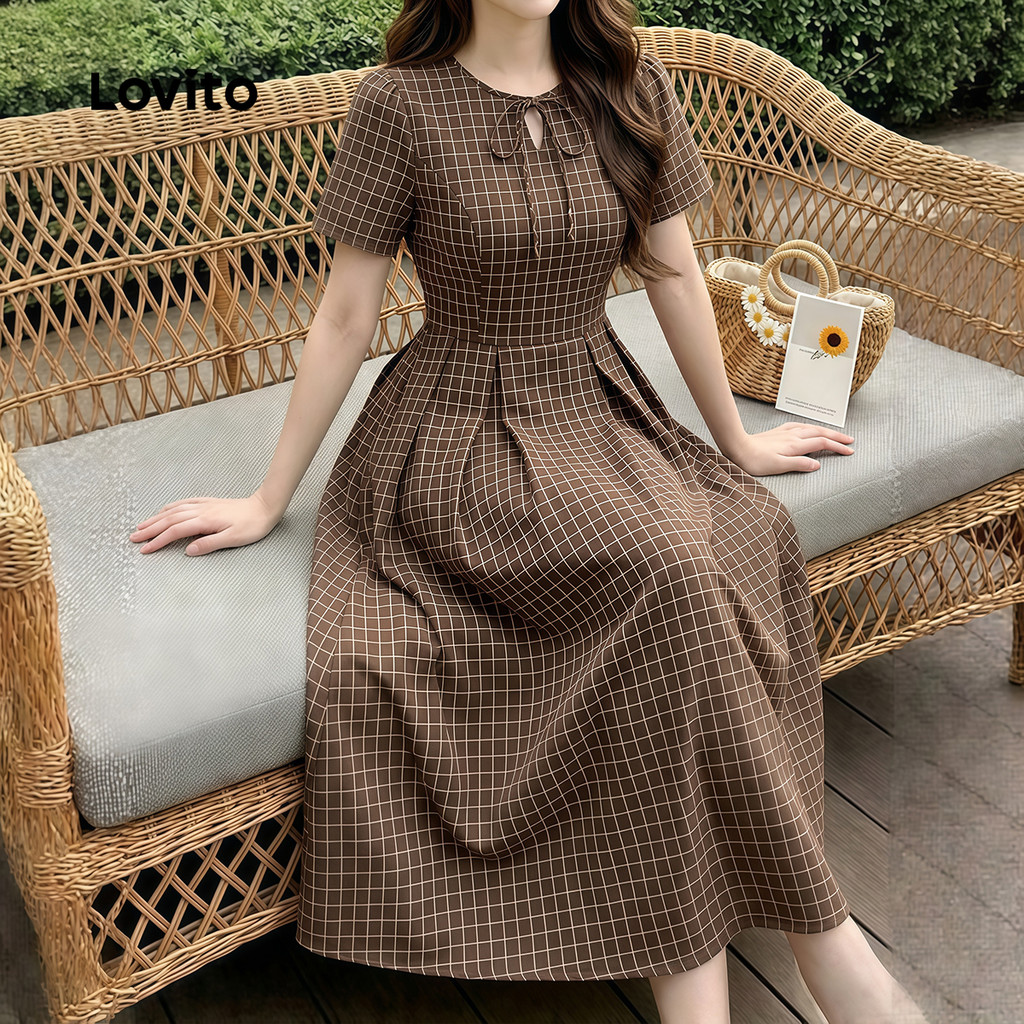 Lovito Xadrez Vestido Elegante Francês Estilo Preguiçoso Primavera/verão Vestido Marrom para mulheres LK6LD391 · foto 2