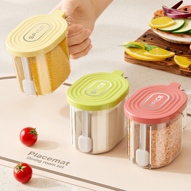 [Estoque pronto] Frasco de tempero de cozinha com colher selada anti-corda sal doméstico de grande capacidade MSG piment